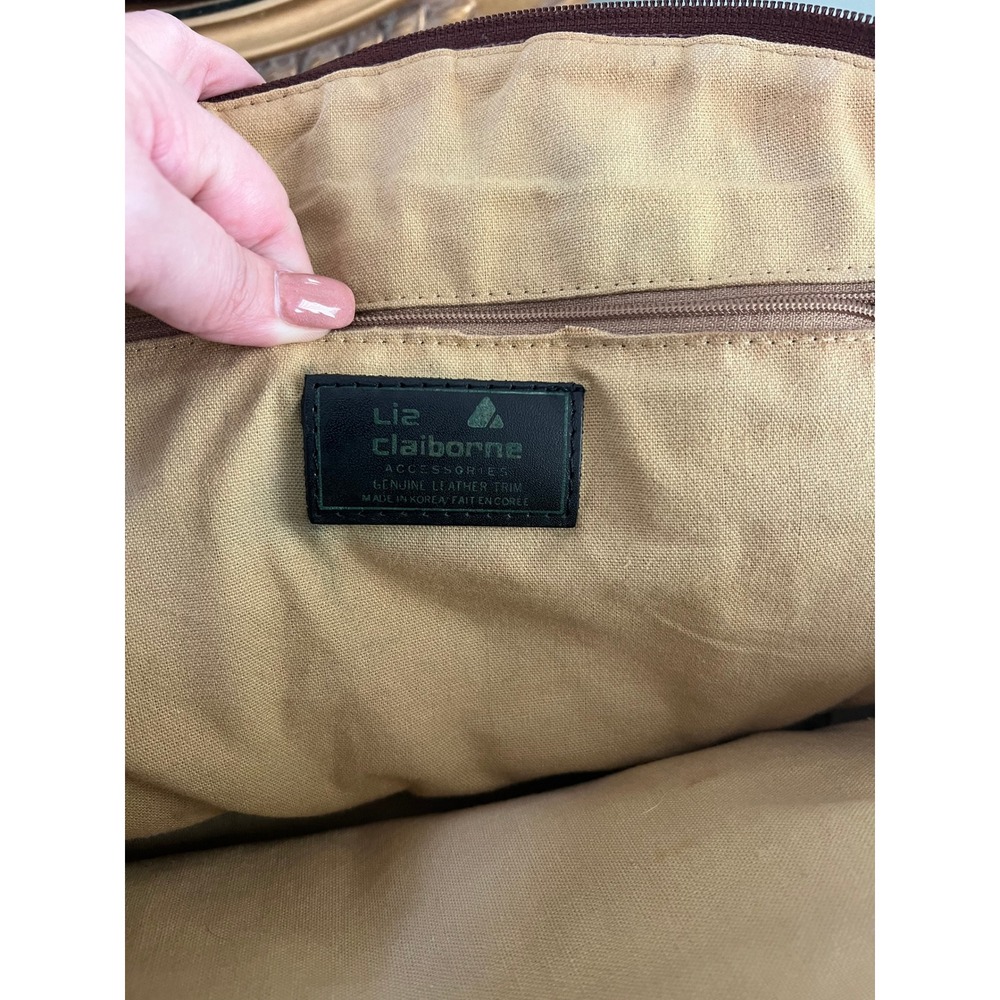 Vintage Liz Claiborne Tapestry Clamshell Satchel Purse Floral Woven Leather Trim - Picture 11 of 13